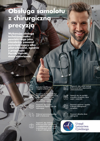 Pierwsza strona ulotki. Na pierwszym planie uśmiechnięty mechanik samolotowy pokazuje podniesiony do góry kciuk. W tle samolot w hangarze.